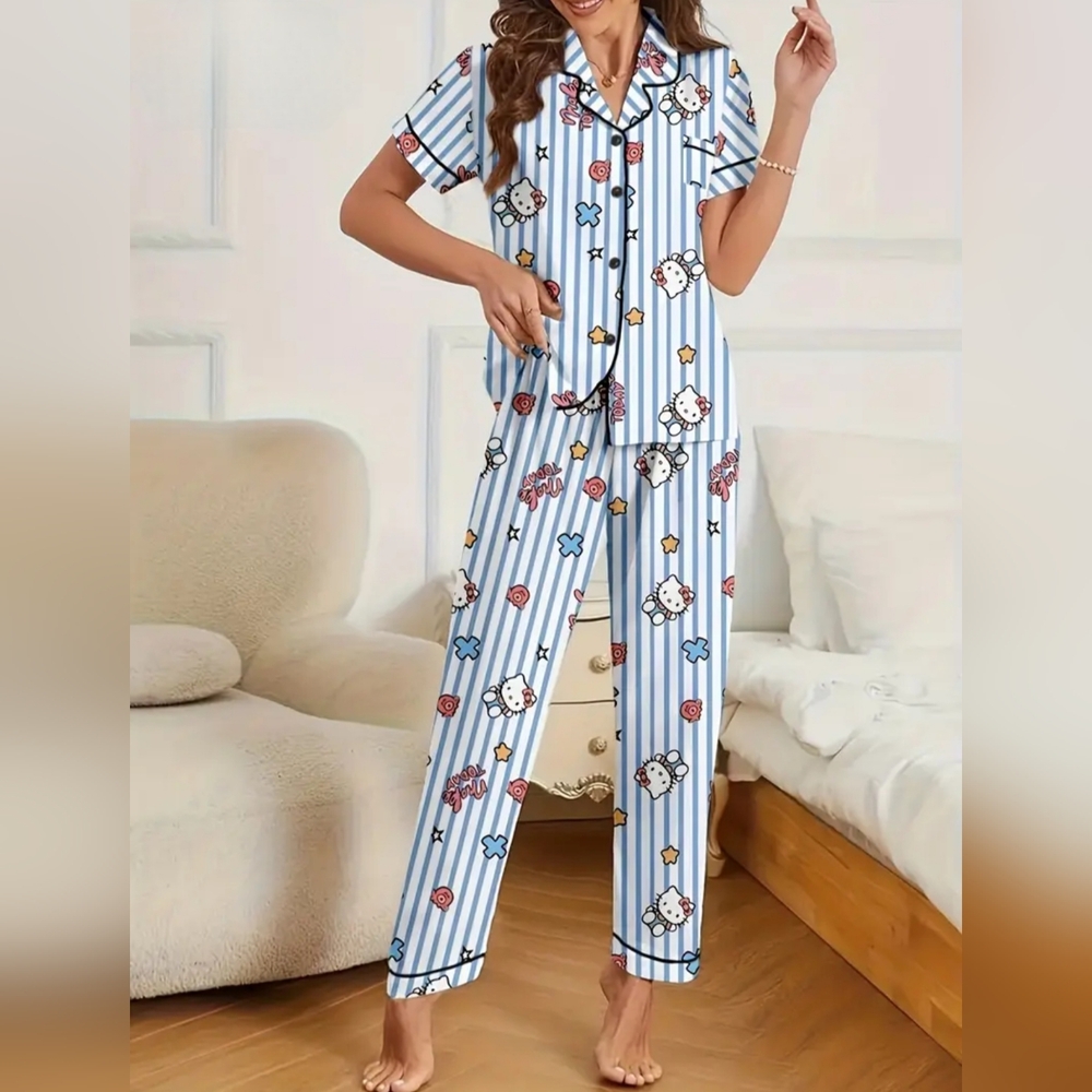 New Women's Hello Kitty 2pc.Blue Striped Pajama Set